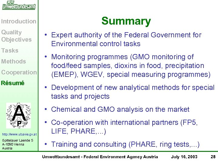 Introduction Quality Objectives Tasks Methods Cooperation Résumé Summary • Expert authority of the Federal