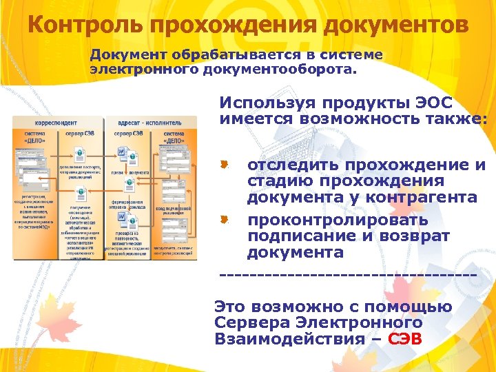 Контроль прохождения документов Документ обрабатывается в системе электронного документооборота. Используя продукты ЭОС имеется возможность