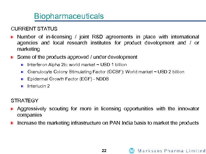 Biopharmaceuticals CURRENT STATUS Number of in-licensing / joint R&D agreements in place with international
