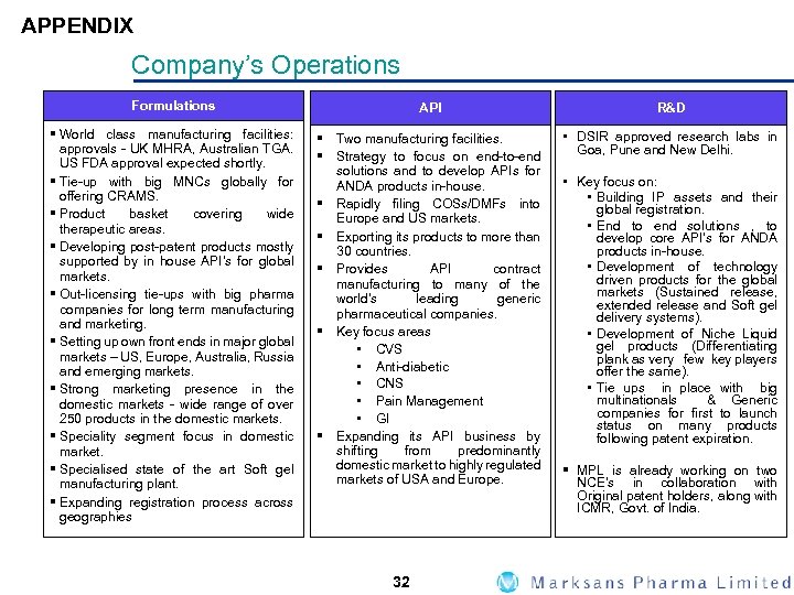 APPENDIX Company’s Operations Formulations API R&D § World class manufacturing facilities: § Two manufacturing