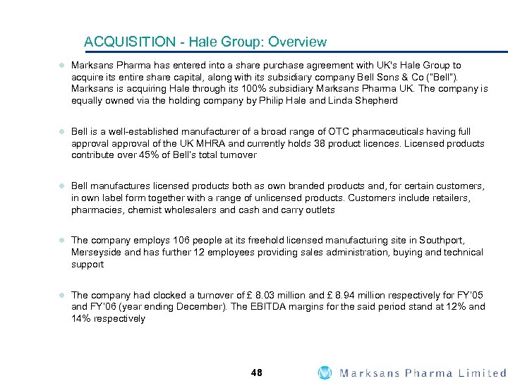 ACQUISITION - Hale Group: Overview l Marksans Pharma has entered into a share purchase