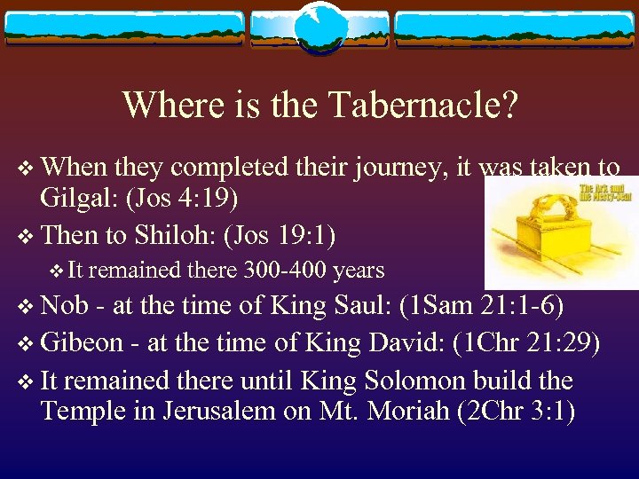 Where is the Tabernacle? v When they completed their journey, it was taken to