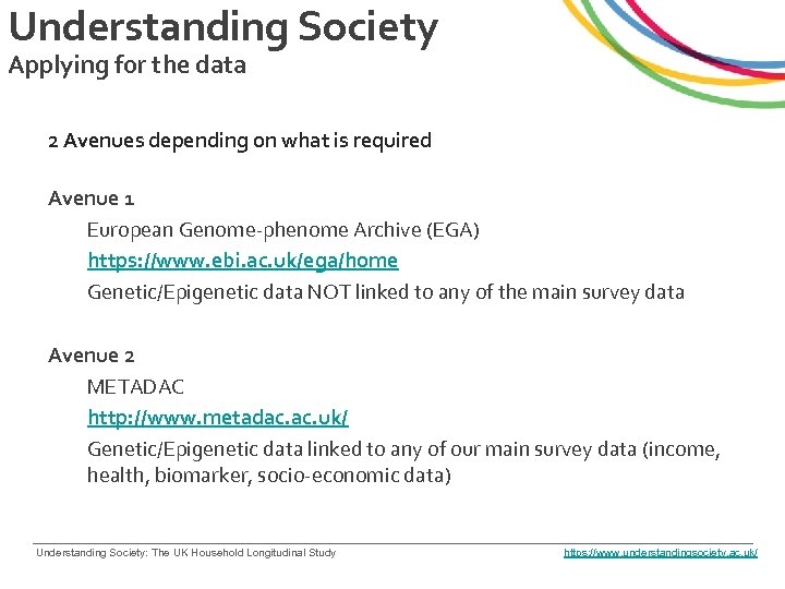 Understanding Society Applying for the data 2 Avenues depending on what is required Avenue
