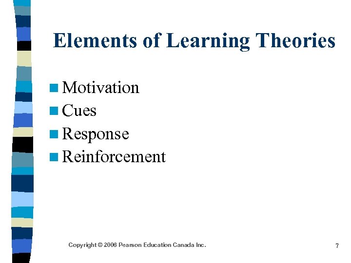 Elements of Learning Theories n Motivation n Cues n Response n Reinforcement Copyright ©