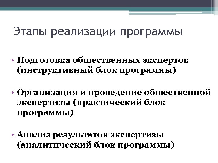 Этапы реализации программы • Подготовка общественных экспертов (инструктивный блок программы) • Организация и проведение