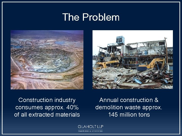 The Problem Construction industry consumes approx. 40% of all extracted materials Annual construction &