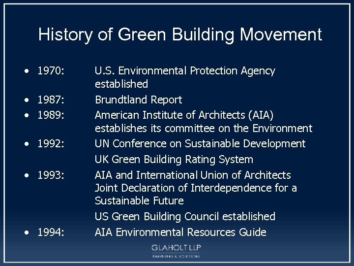 History of Green Building Movement • 1970: • 1987: • 1989: • 1992: •