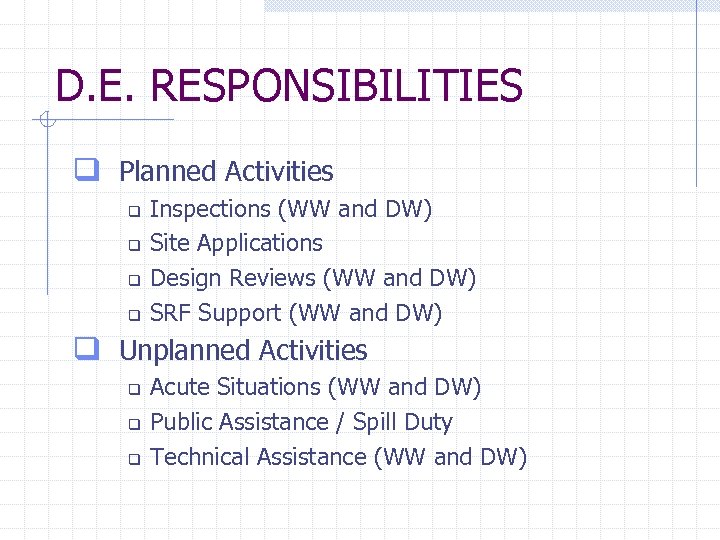 D. E. RESPONSIBILITIES q Planned Activities q q Inspections (WW and DW) Site Applications