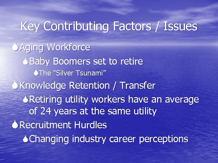 Key Contributing Factors / Issues Aging Workforce Baby Boomers set to retire The “Silver