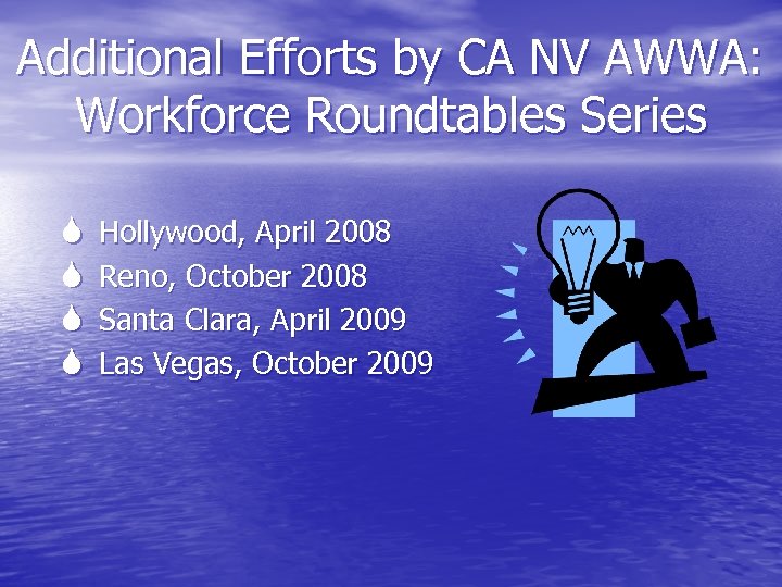 Additional Efforts by CA NV AWWA: Workforce Roundtables Series Hollywood, April 2008 Reno, October