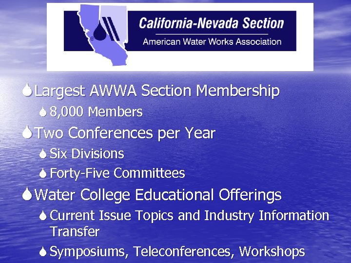  Largest AWWA Section Membership 8, 000 Members Two Conferences per Year Six Divisions