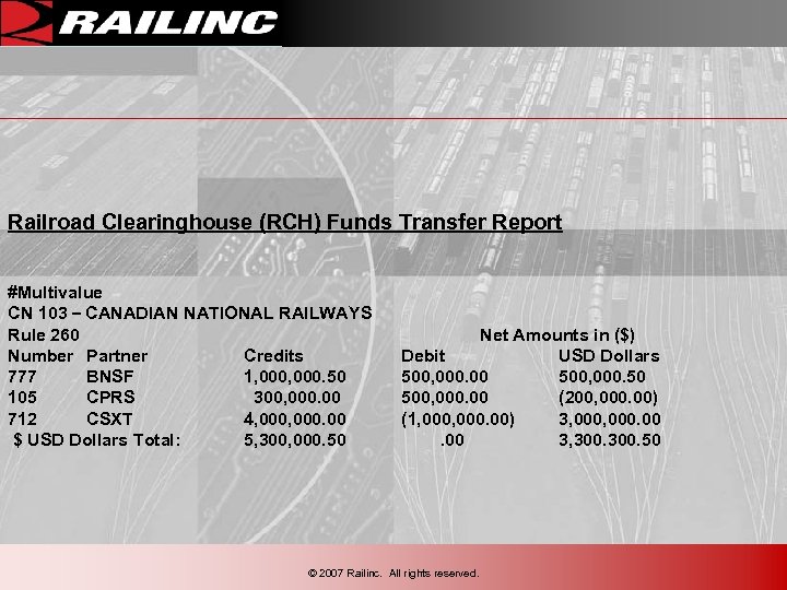 Railroad Clearinghouse (RCH) Funds Transfer Report #Multivalue CN 103 – CANADIAN NATIONAL RAILWAYS Rule