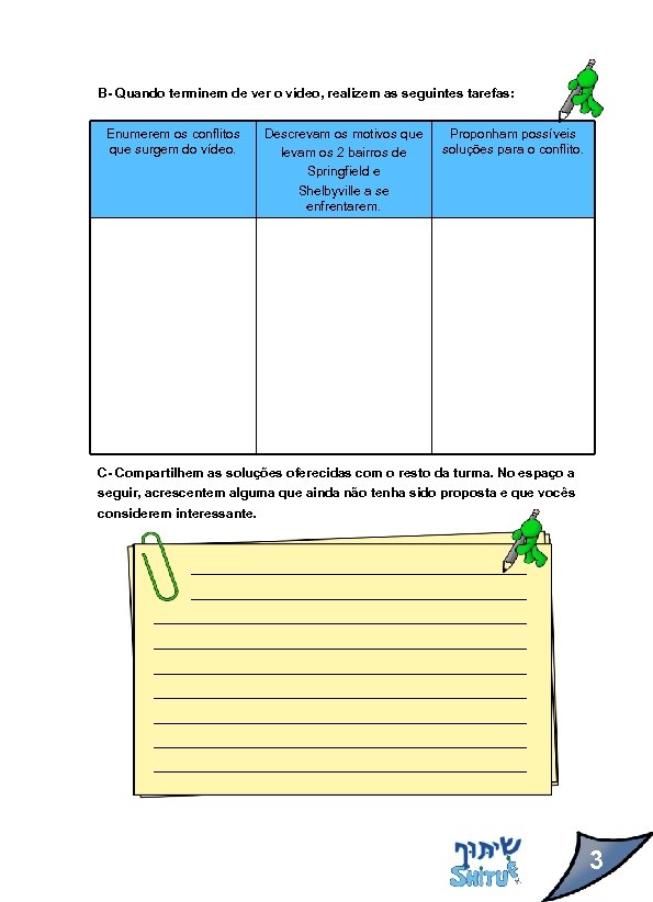 B- Quando terminem de ver o vídeo, realizem as seguintes tarefas: Enumerem os conflitos