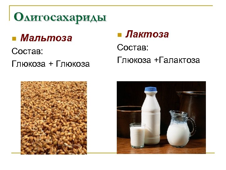 Олигосахариды n Мальтоза Состав: Глюкоза + Глюкоза n Лактоза Состав: Глюкоза +Галактоза 