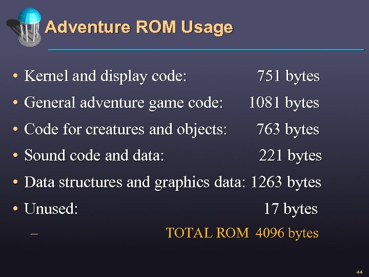 Adventure ROM Usage • Kernel and display code: 751 bytes • General adventure game