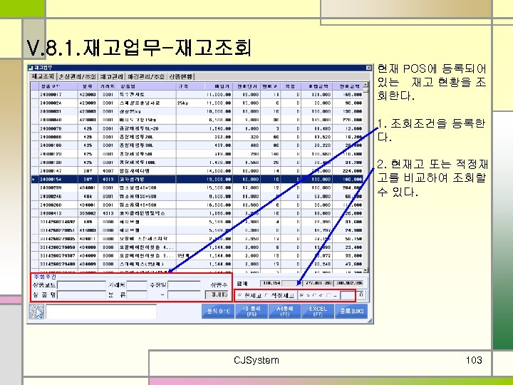 V. 8. 1. 재고업무-재고조회 현재 POS에 등록되어 있는 재고 현황을 조 회한다. 1. 조회조건을