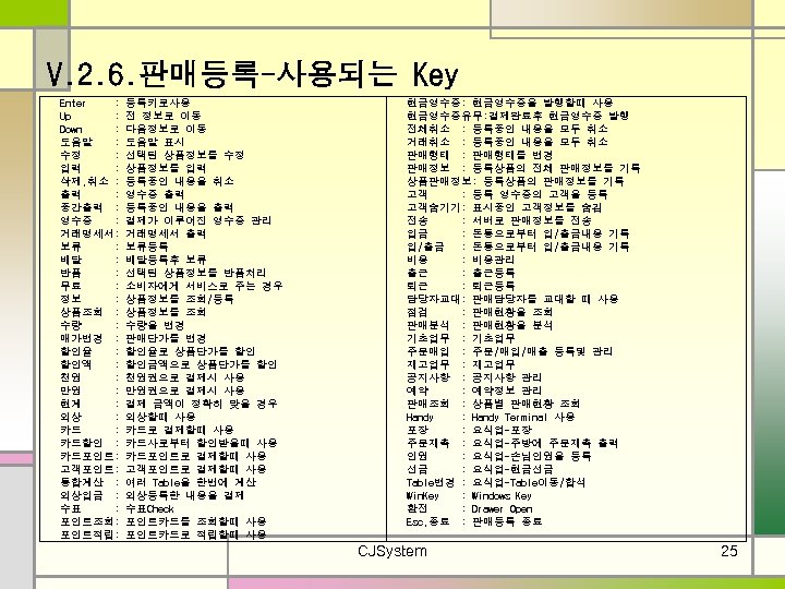 V. 2. 6. 판매등록-사용되는 Key Enter : Up : Down : 도움말 : 수정