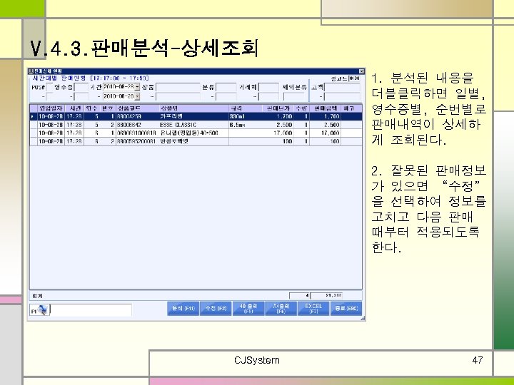 V. 4. 3. 판매분석-상세조회 1. 분석된 내용을 더블클릭하면 일별, 영수증별, 순번별로 판매내역이 상세하 게