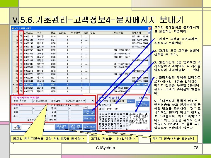 V. 5. 6. 기초관리-고객정보 4 -문자메시지 보내기 고객의 휴대전화로 문자메시지 를 전송하는 화면이다. 1.