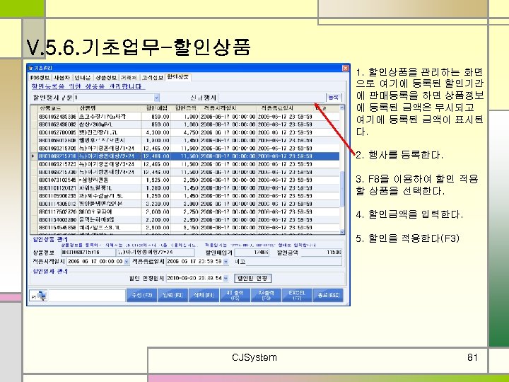 V. 5. 6. 기초업무-할인상품 1. 할인상품을 관리하는 화면 으로 여기에 등록된 할인기간 에 판매등록을
