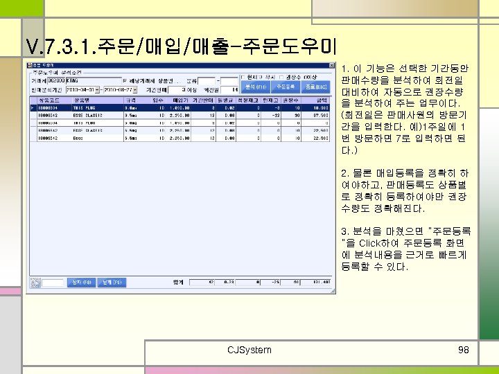 V. 7. 3. 1. 주문/매입/매출-주문도우미 1. 이 기능은 선택한 기간동안 판매수량을 분석하여 회전일 대비하여