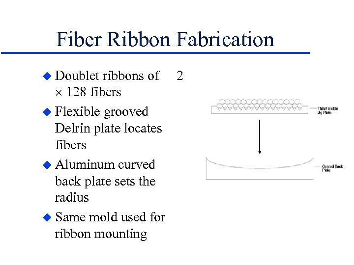 Fiber Ribbon Fabrication u Doublet ribbons of 2 128 fibers u Flexible grooved Delrin