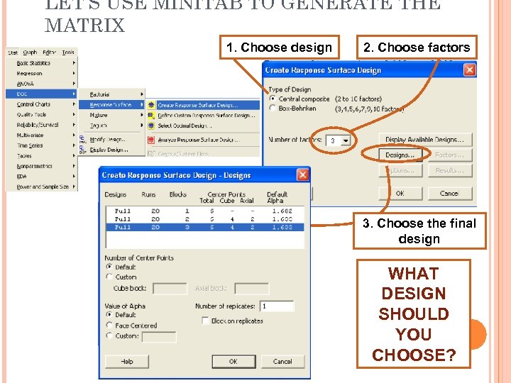 LET’S USE MINITAB TO GENERATE THE MATRIX 1. Choose design 2. Choose factors 3.