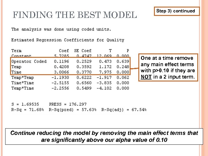 FINDING THE BEST MODEL Step 3) continued One at a time remove any main