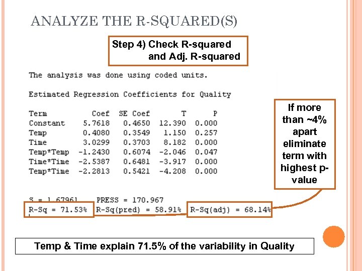 ANALYZE THE R-SQUARED(S) Step 4) Check R-squared and Adj. R-squared If more than ~4%