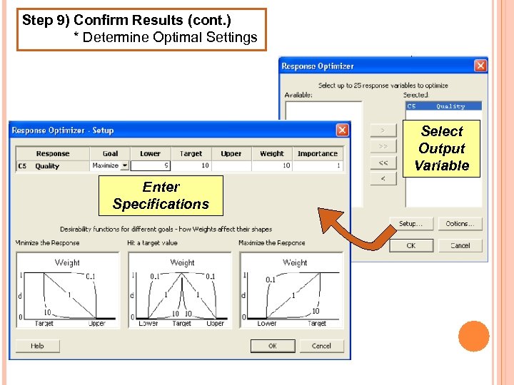 Step 9) Confirm Results (cont. ) * Determine Optimal Settings Select Output Variable Enter