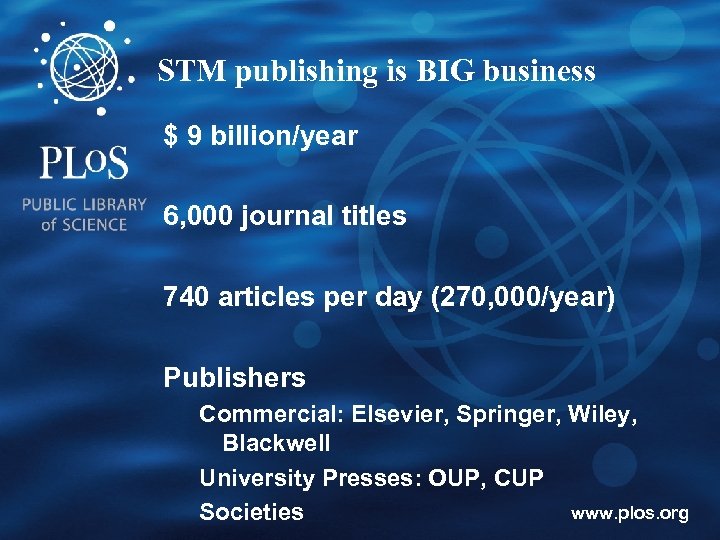 STM publishing is BIG business $ 9 billion/year 6, 000 journal titles 740 articles