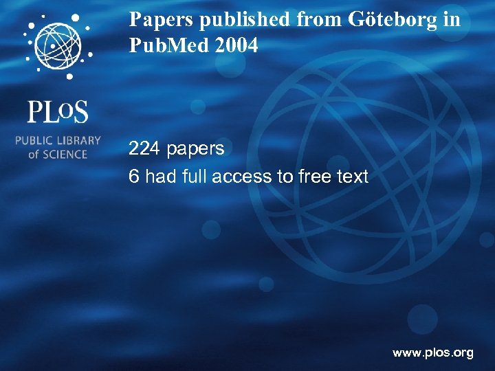 Papers published from Göteborg in Pub. Med 2004 224 papers 6 had full access