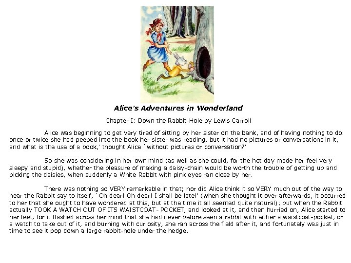 Alice’s Adventures in Wonderland Chapter I: Down the Rabbit-Hole by Lewis Carroll Alice was