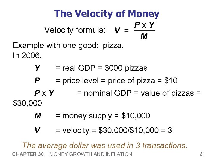 The Velocity of Money Px. Y Velocity formula: V = M Example with one