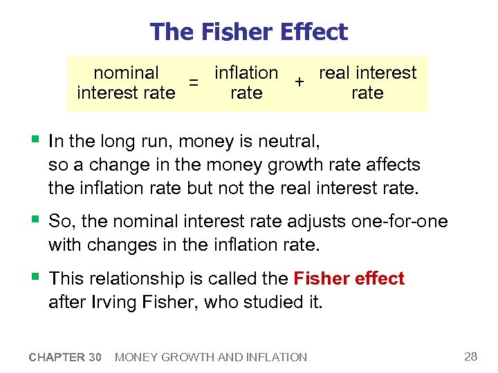 The Fisher Effect nominal real interest inflation + = interest rate § In the