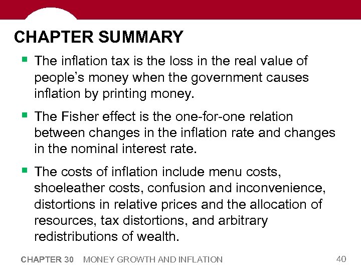 CHAPTER SUMMARY § The inflation tax is the loss in the real value of