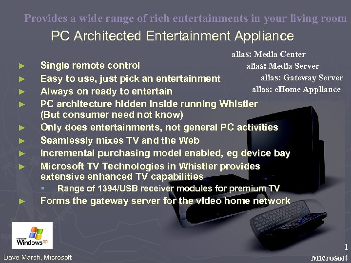 Provides a wide range of rich entertainments in your living room PC Architected Entertainment