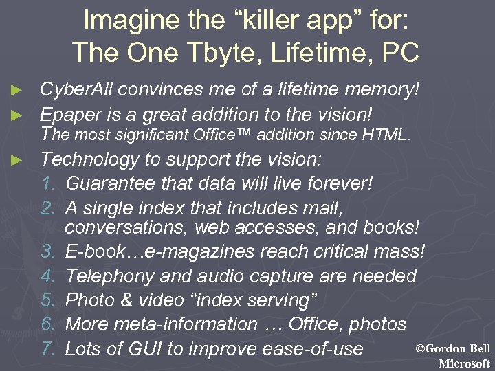 Imagine the “killer app” for: The One Tbyte, Lifetime, PC Cyber. All convinces me