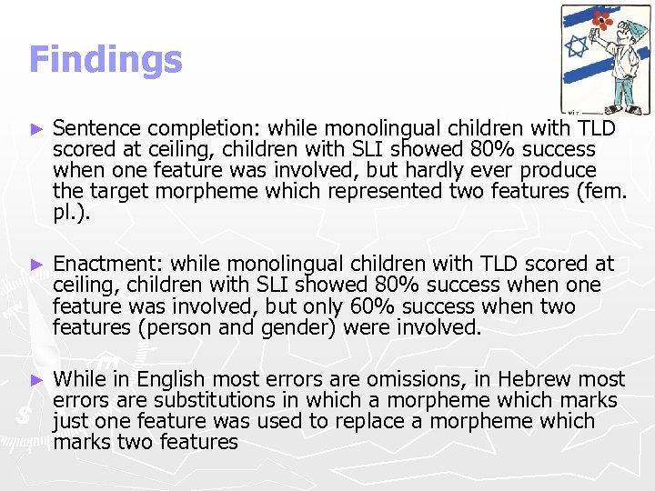 Findings ► Sentence completion: while monolingual children with TLD scored at ceiling, children with