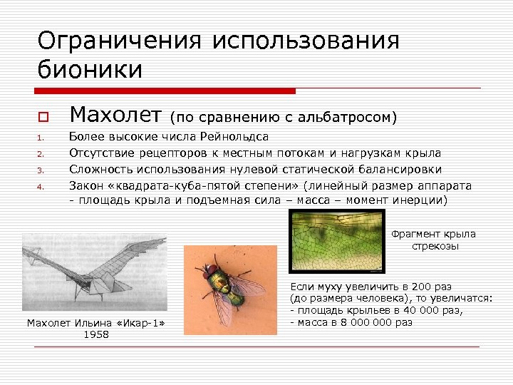 Ограничения использования бионики o 1. 2. 3. 4. Махолет (по сравнению с альбатросом) Более
