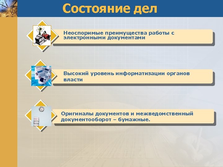 Состояние дел Неоспоримые преимущества работы с электронными документами Высокий уровень информатизации органов власти Оригиналы