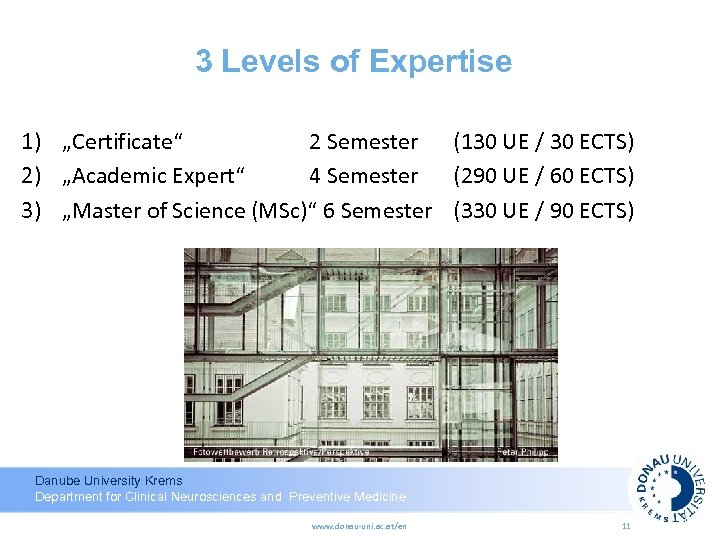 3 Levels of Expertise 1) „Certificate“ 2 Semester (130 UE / 30 ECTS) 2)