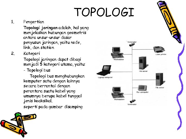 1. 2. TOPOLOGI Pengertian Topologi jaringan adalah, hal yang menjelaskan hubungan geometris antara unsur-unsur