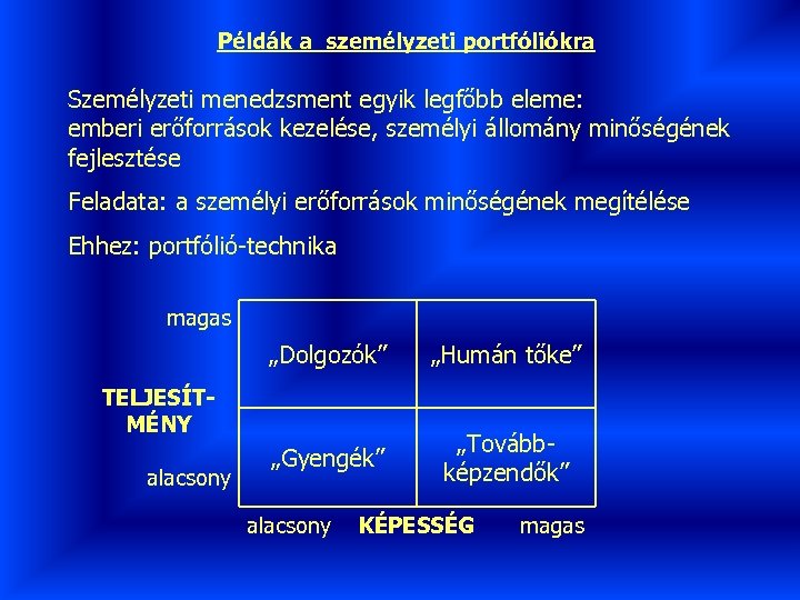 Példák a személyzeti portfóliókra Személyzeti menedzsment egyik legfőbb eleme: emberi erőforrások kezelése, személyi állomány