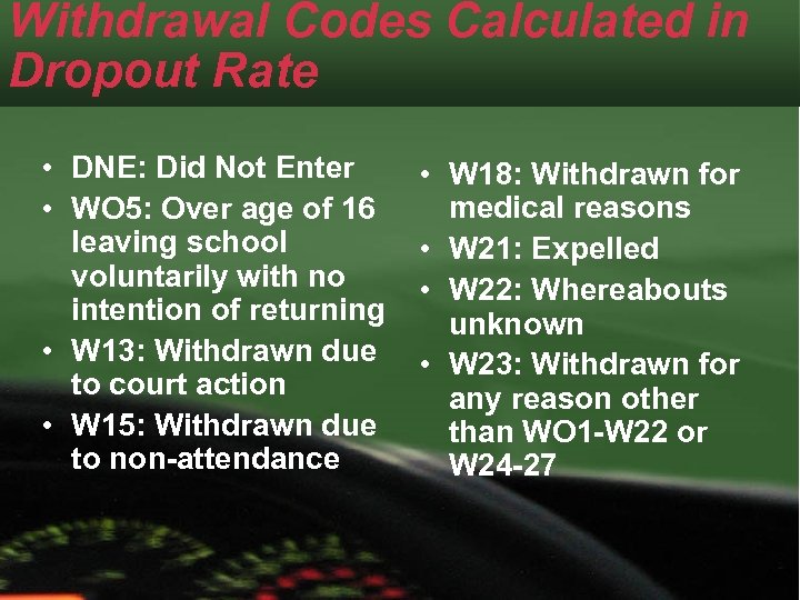 Withdrawal Codes Calculated in Dropout Rate • DNE: Did Not Enter • WO 5: