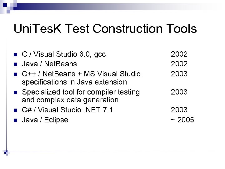 Uni. Tes. K Test Construction Tools n n n C / Visual Studio 6.