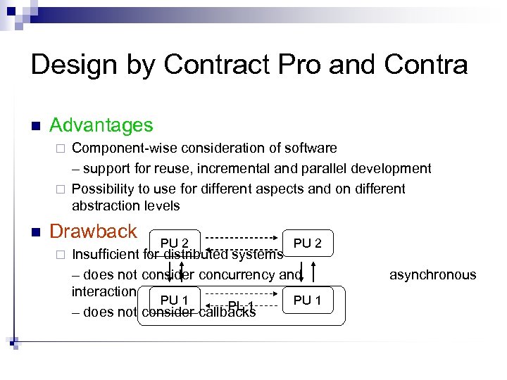 Design by Contract Pro and Contra n Advantages Component-wise consideration of software – support