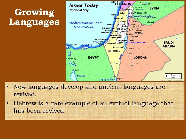 Growing Languages • New languages develop and ancient languages are revived. • Hebrew is