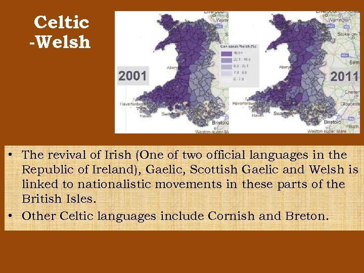 Celtic -Welsh • The revival of Irish (One of two official languages in the