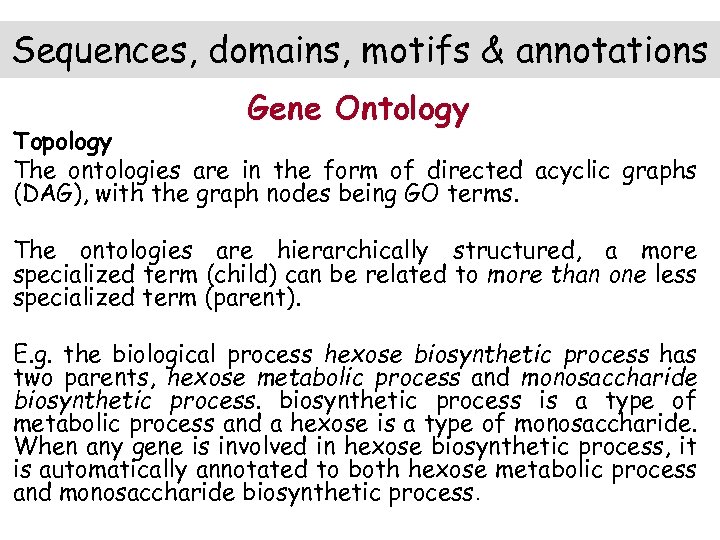 Sequences, domains, motifs & annotations Gene Ontology Topology The ontologies are in the form